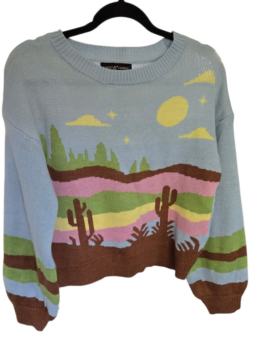 Almost Famous Cropped Desert Graphic Sweater Womens L Cactus Western Boho